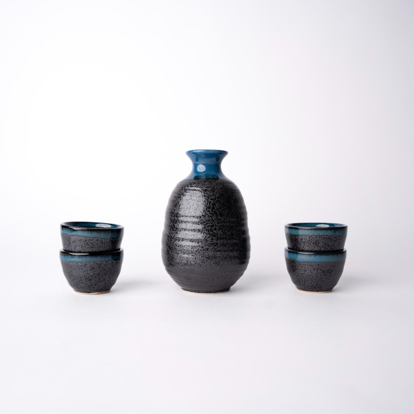 Sake Set for Four 280ml Black Bright Blue Drip Glaze