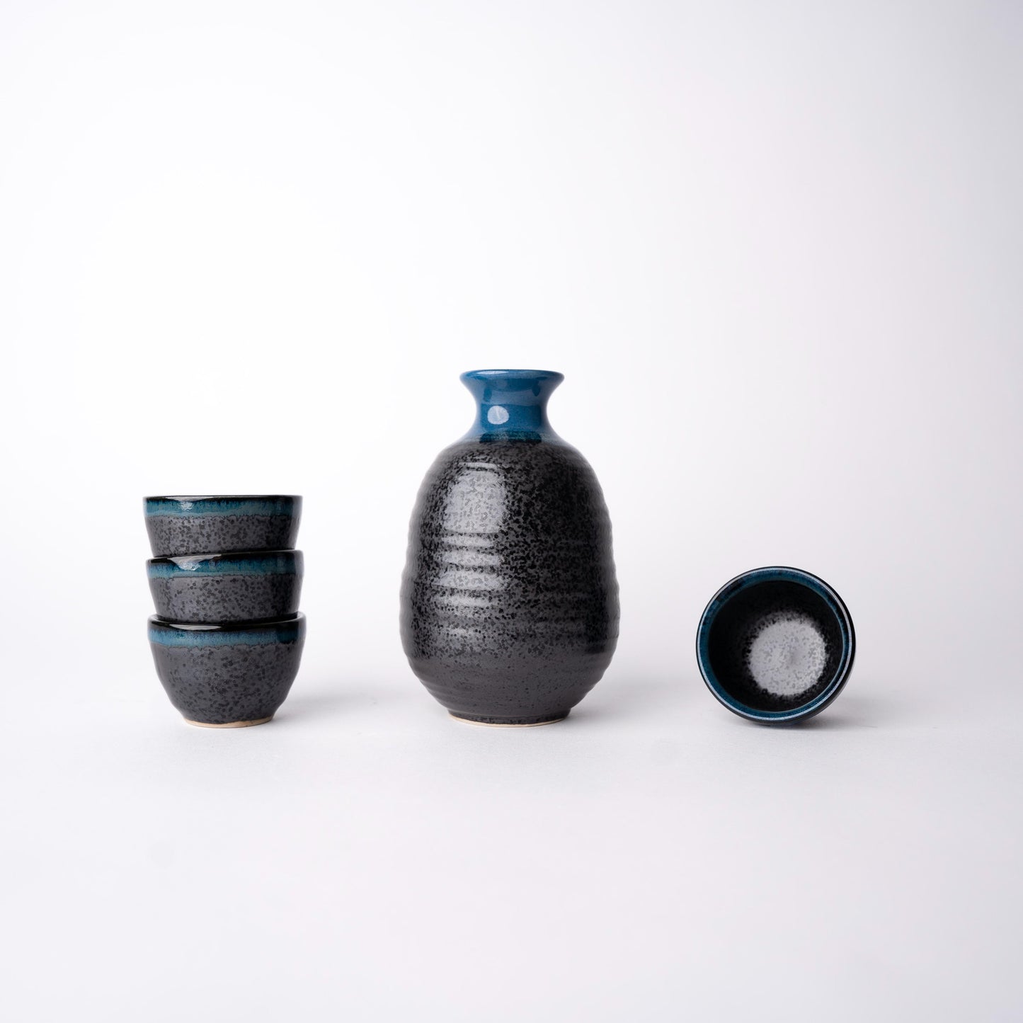 Sake Set for Four 280ml Black Bright Blue Drip Glaze