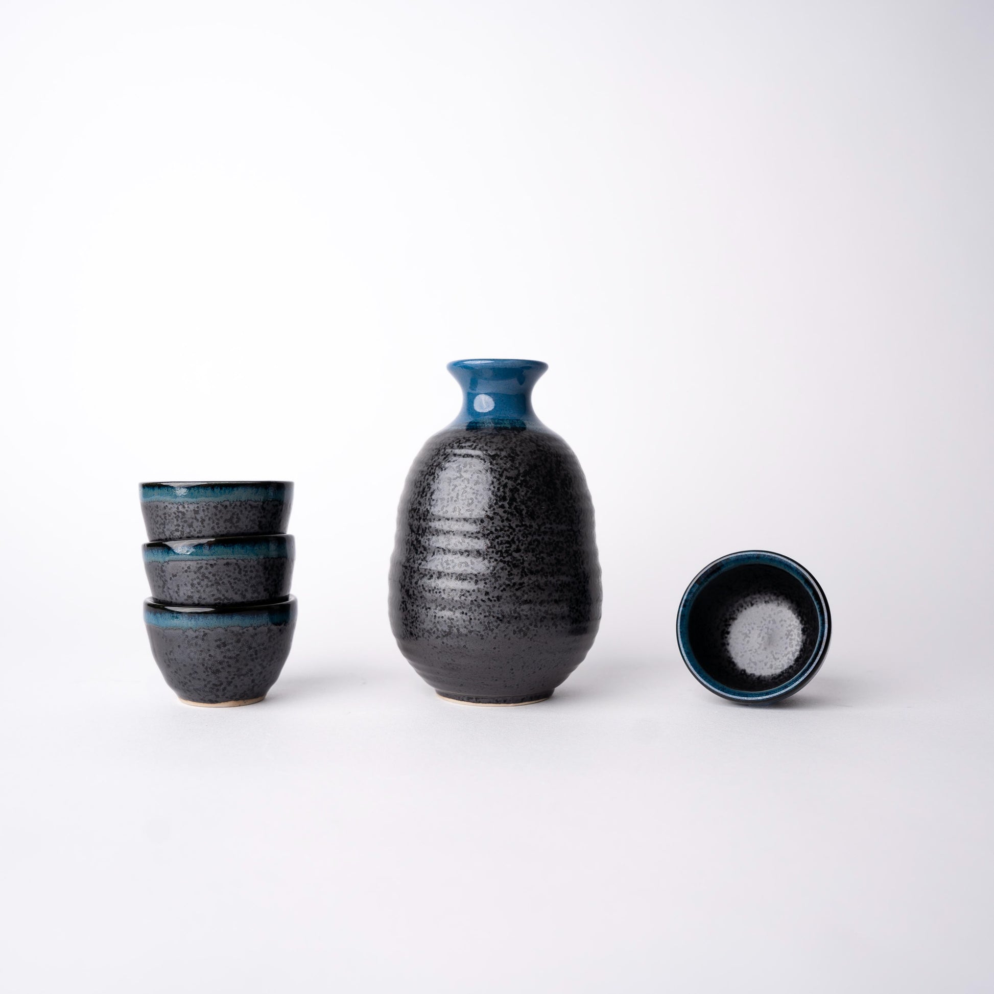 Sake Set for Four 280ml Black Bright Blue Drip Glaze
