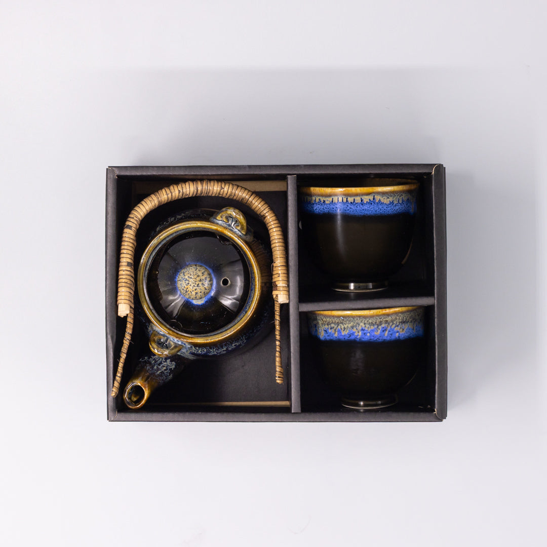 Tea Set for Two 460ml Black Bright Blue Drip Glaze