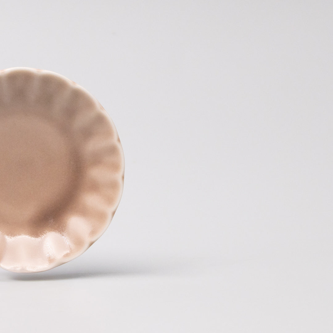Handcrafted Japanese mamezara with scalloped edge in blush gloss glaze, soy sauce or condiment plate