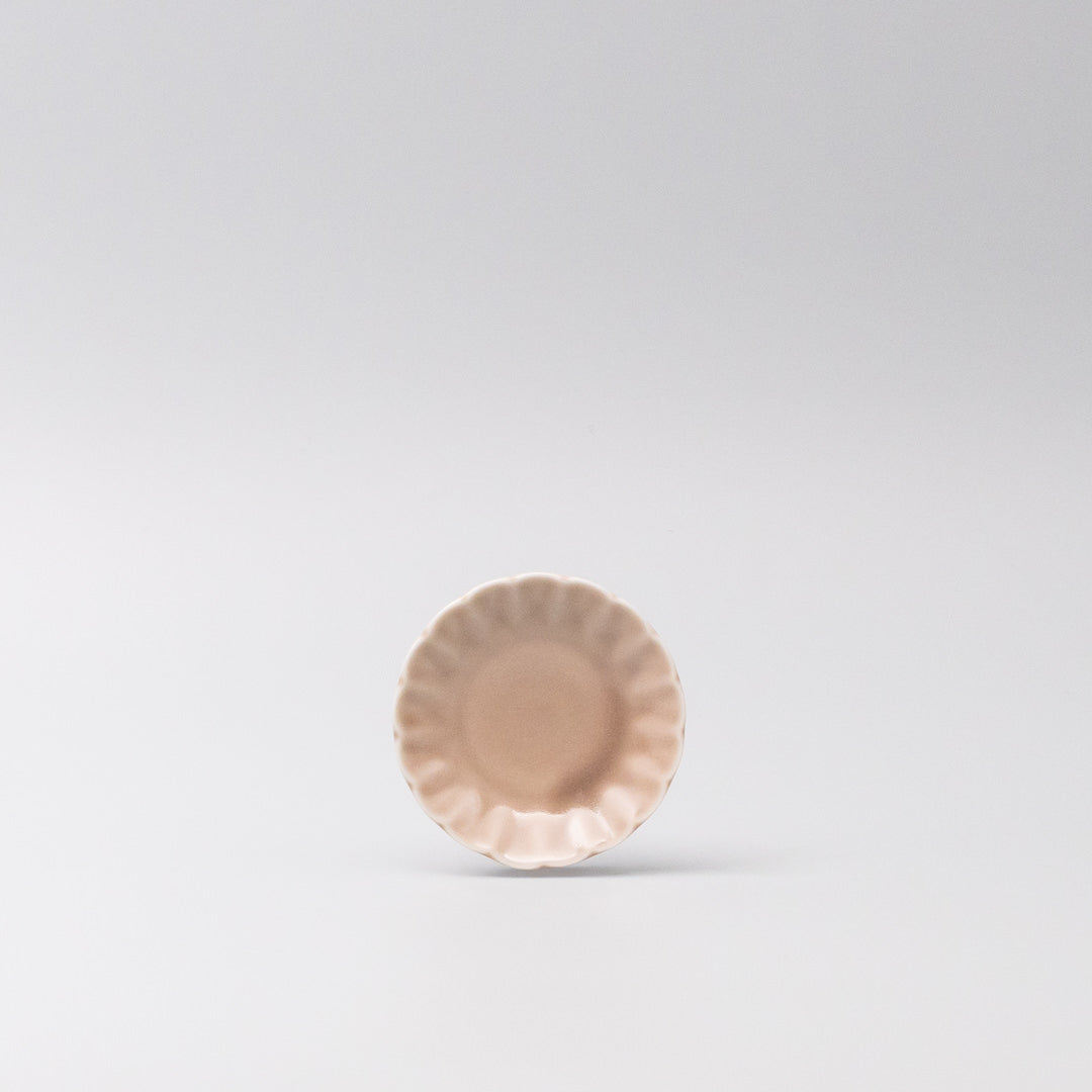 Handcrafted Japanese mamezara with scalloped edge in blush gloss glaze, soy sauce or condiment plate