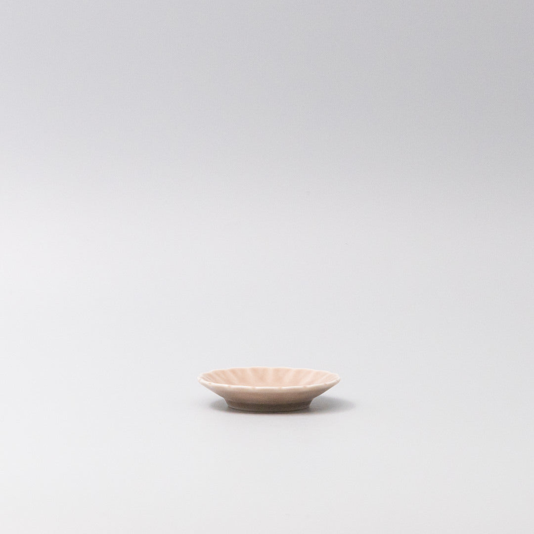 Handcrafted Japanese mamezara with scalloped edge in blush gloss glaze, soy sauce or condiment plate