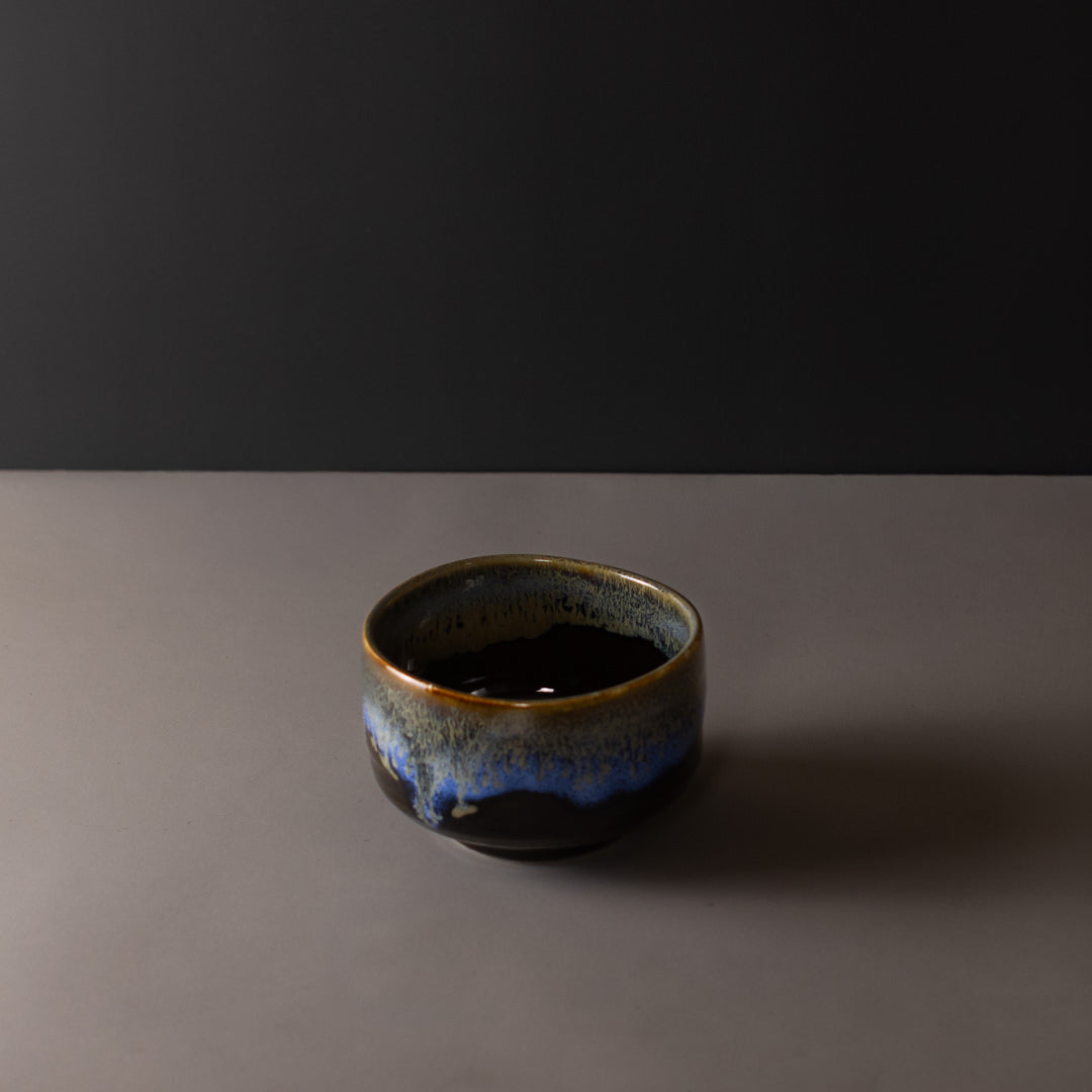 Matcha Tea Bowl 11.5cm Blue Drip on Black