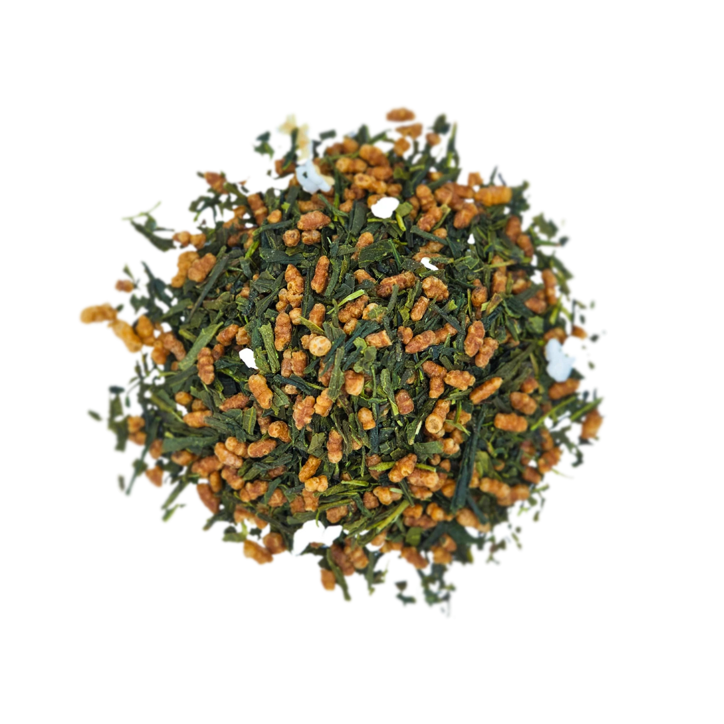Close-up of Teafy Organic Genmaicha green tea with roasted brown rice
