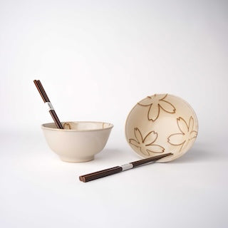 Bowl Set 2pcs with Chopsticks Cream Stylised Flower Design
