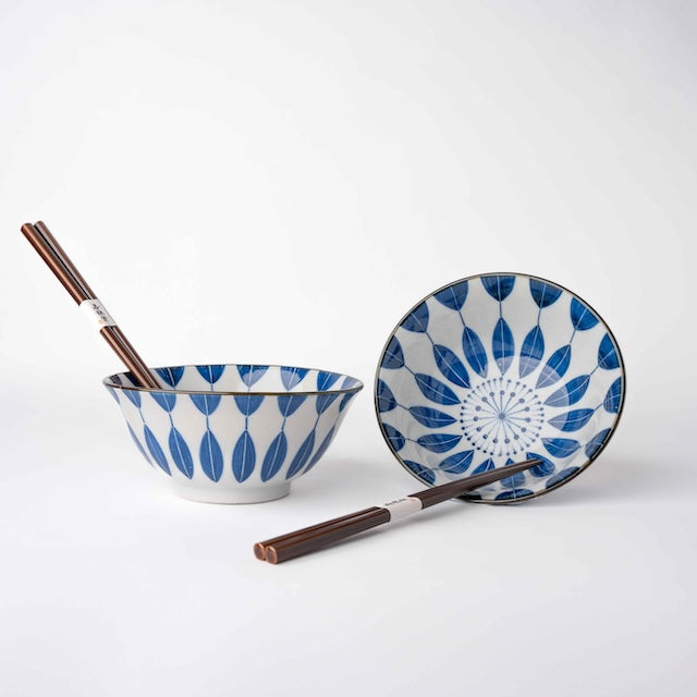 Bowl Set 2pcs with Chopsticks Indigo Sunflower Design