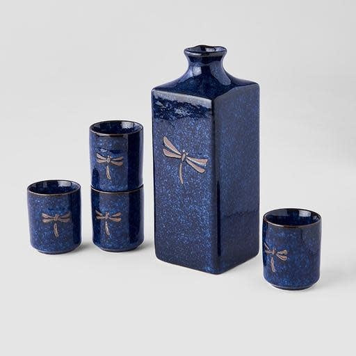 Sake Set 5pcs Dark Blue Dragonfly Design - Made In Japan | Japanese Tableware
