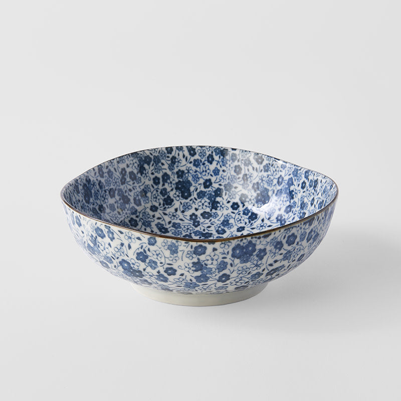 Bowl Organic 16.5cm Blue Daisy Design - Made In Japan | Japanese Tableware