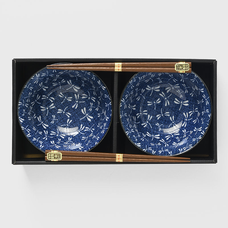 Bowl Set 2pcs with Chopsticks Indigo Dragonfly Design