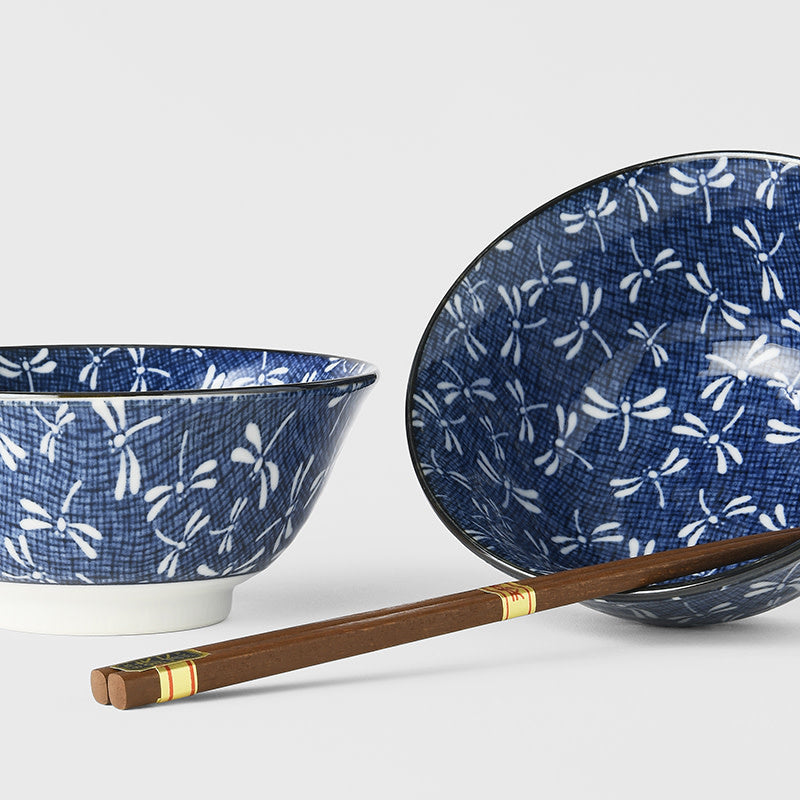 Bowl Set 2pcs with Chopsticks Indigo Dragonfly Design