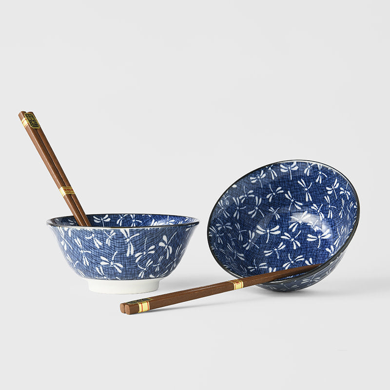 Bowl Set 2pcs with Chopsticks Indigo Dragonfly Design