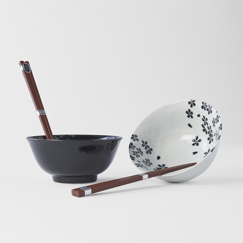 Bowl Set 2pcs with Chopsticks Silver Sakura Design - Made In Japan | Japanese Tableware