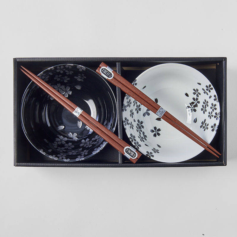 Bowl Set 2pcs with Chopsticks Silver Sakura Design - Made In Japan | Japanese Tableware
