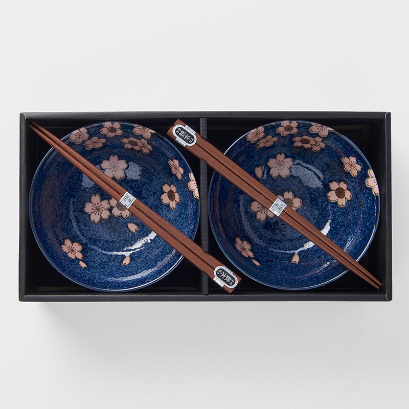 Bowl Set 2pcs with Chopsticks Sakura Navy Blue Design - Made In Japan | Japanese Tableware