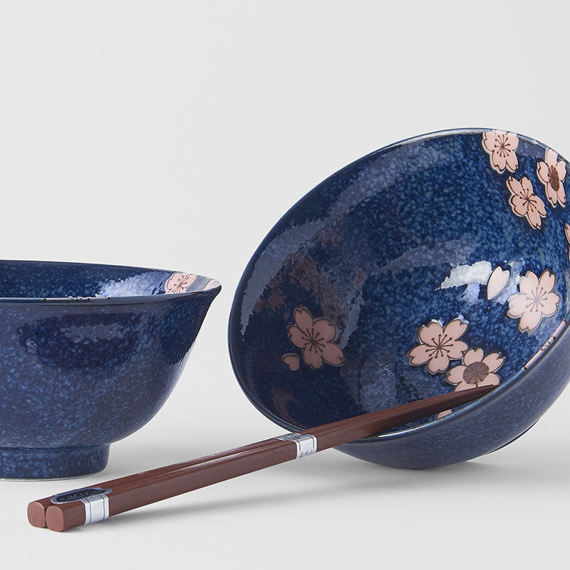 Bowl Set 2pcs with Chopsticks Sakura Navy Blue Design - Made In Japan | Japanese Tableware