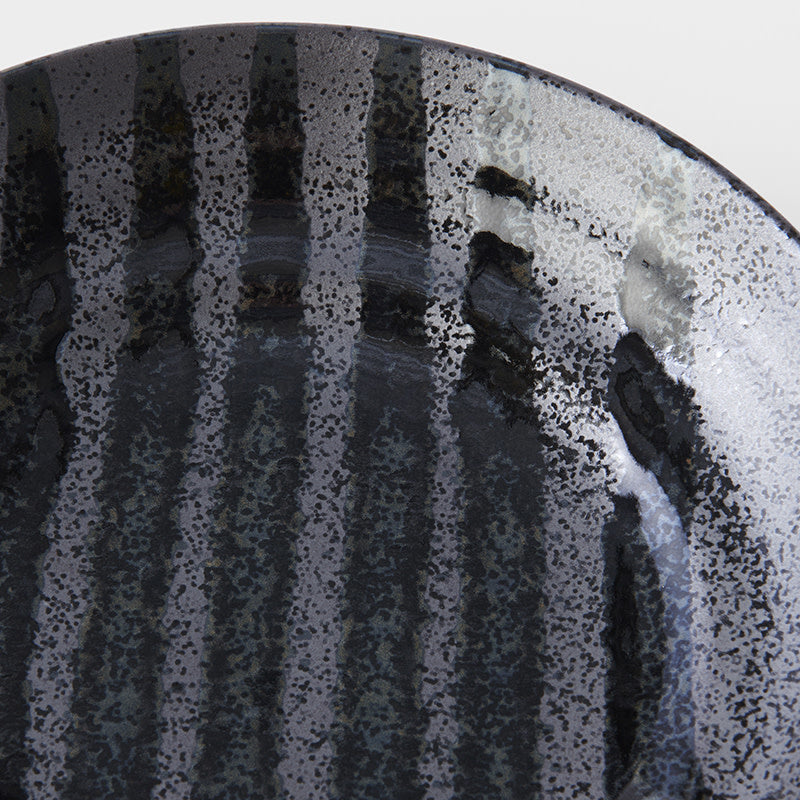 Pasta Bowl Flat 23cm Gloss Black Stripes On Gunmetal Black Glaze