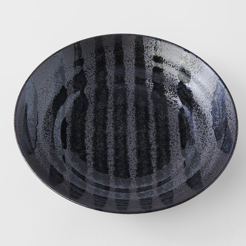 Pasta Bowl Flat 23cm Gloss Black Stripes On Gunmetal Black Glaze