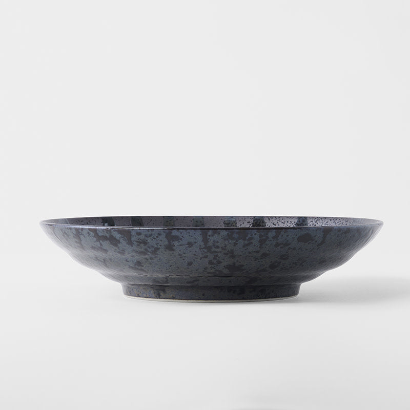 Pasta Bowl Flat 23cm Gloss Black Stripes On Gunmetal Black Glaze