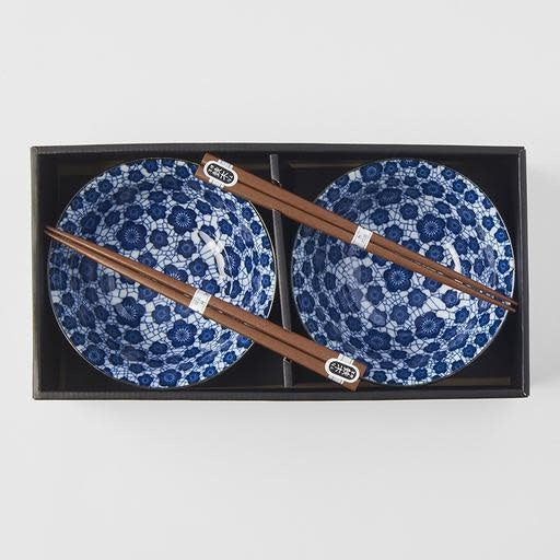Bowl Set 2pcs with Chopsticks Blue Plum Design - Made In Japan | Japanese Tableware