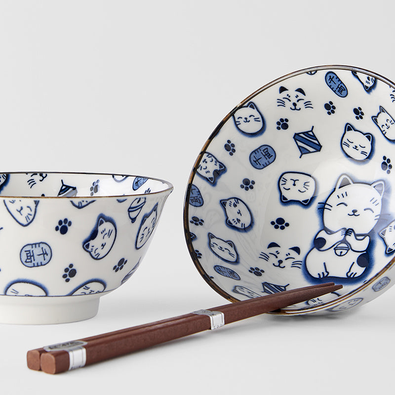 Bowl Set 2pcs with Chopsticks Maneki Cat Blue Design - Made In Japan | Japanese Tableware