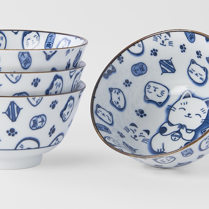 Bowl Set 4pcs Maneki Cat Blue Design - Made In Japan | Japanese Tableware