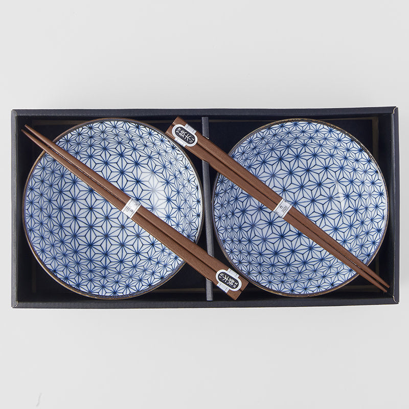 Bowl Set 2pcs with Chopsticks Starburst Blue Design - Made In Japan | Japanese Tableware