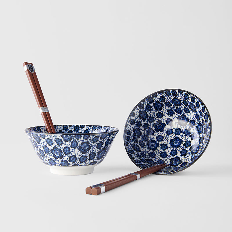 Bowl Set 2pcs with Chopsticks Blue Plum Design - Made In Japan | Japanese Tableware