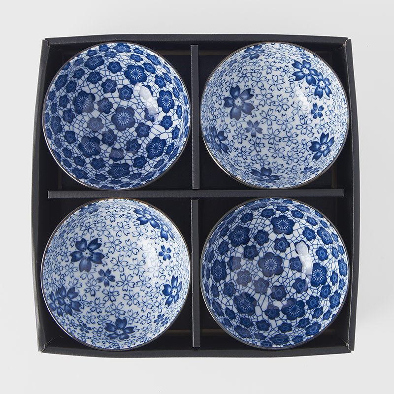 Bowl Set 4pcs Blue Plum Cherry Blossom Design - Made In Japan | Japanese Tableware