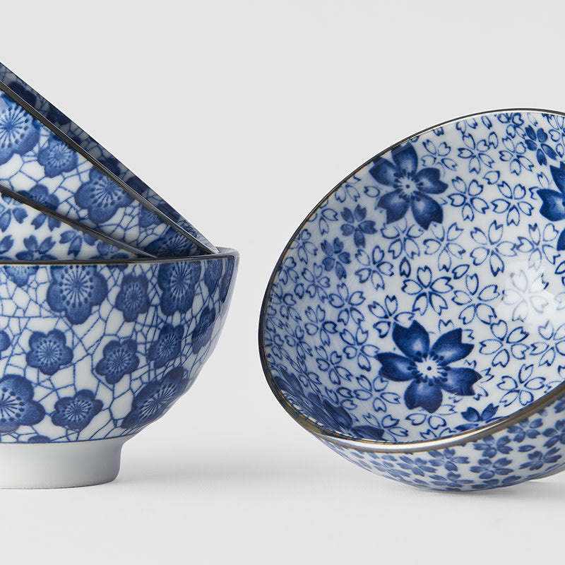 Bowl Set 4pcs Blue Plum Cherry Blossom Design - Made In Japan | Japanese Tableware