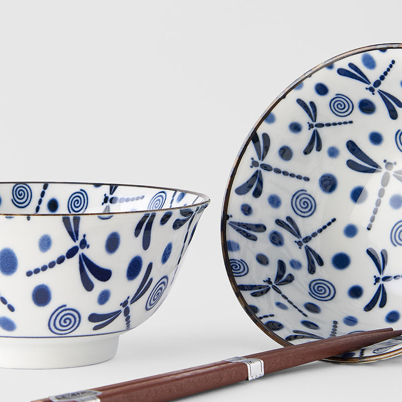 Bowl Set 2pcs with Chopsticks Blue Dragonfly Design - Made In Japan | Japanese Tableware