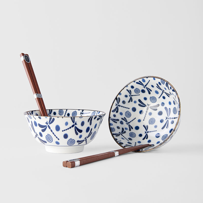 Bowl Set 2pcs with Chopsticks Blue Dragonfly Design - Made In Japan | Japanese Tableware