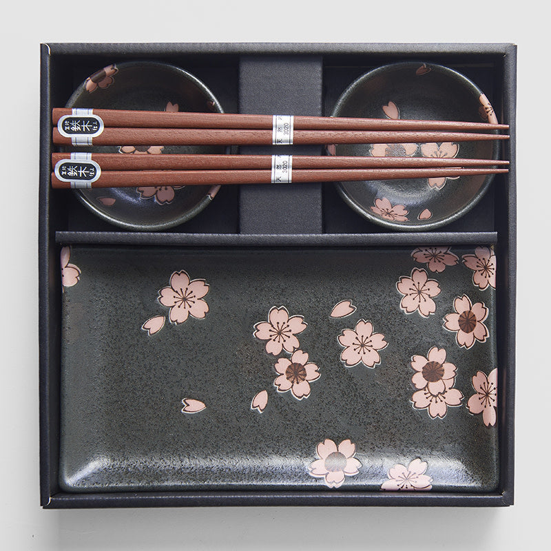 Sushi Set 2pcs Matte Black with Pink Sakura