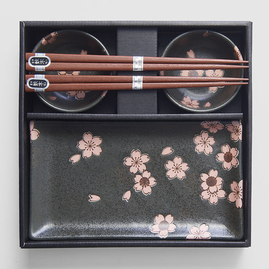 Sushi Set for Two Matte Black with Pink Sakura Design