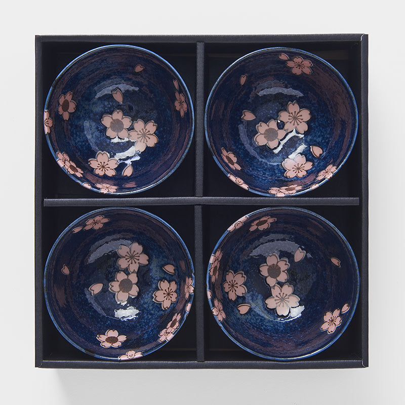 Bowl Set 4pcs Navy Pink Sakura Design