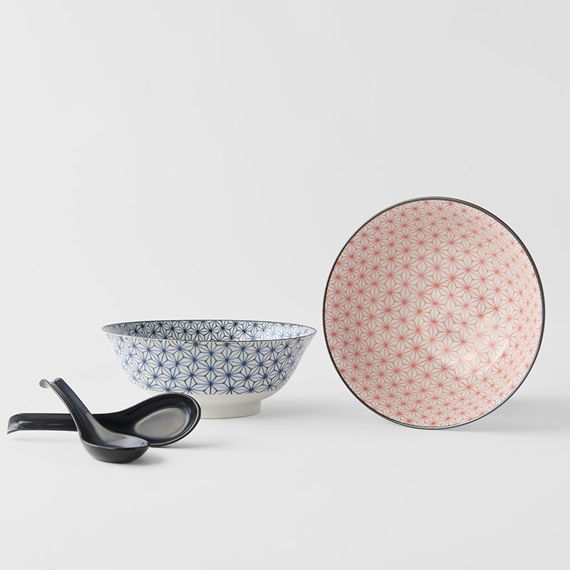 Ramen Set 2pcs with Spoon Blue & Red Asanoha Design