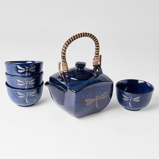 Tea Set with Strainer, 5 pcs, Dark Blue Dragonfly Design