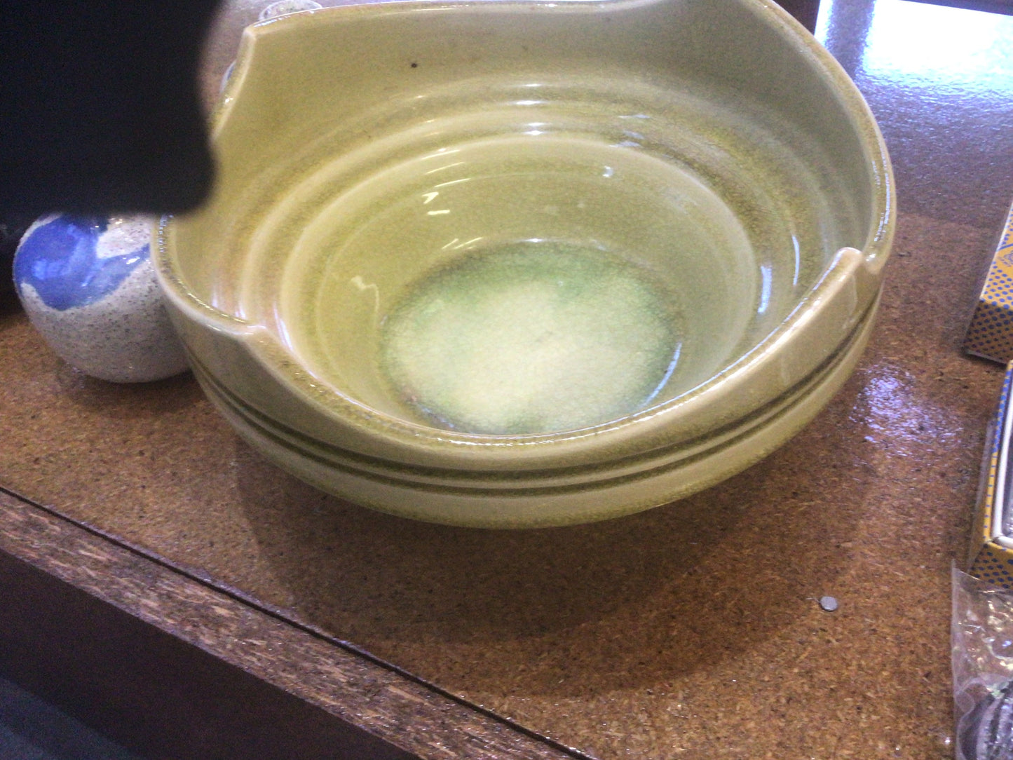 Vintage Ikebana Vase - raised yellow wave top with green glazed internal