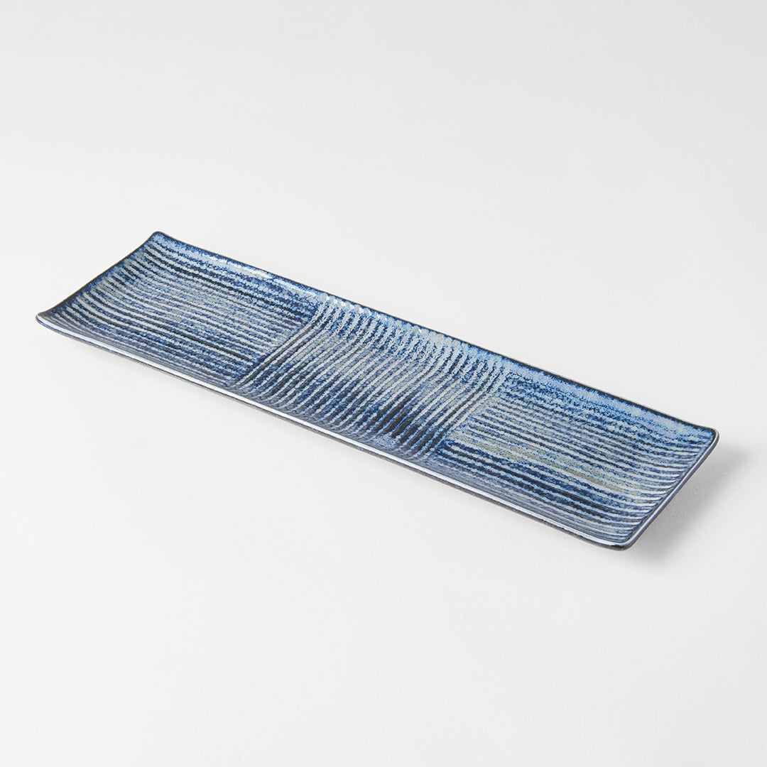 Rectangular Plate, 33 x 10 cm, Ceramic, Lines Dark Blue Glaze, Linear Design