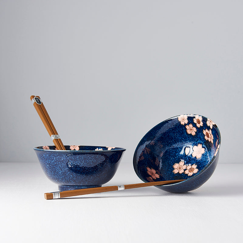 Bowl Set Pink Sakura Navy Blue 2 x 400 ml with Chopsticks