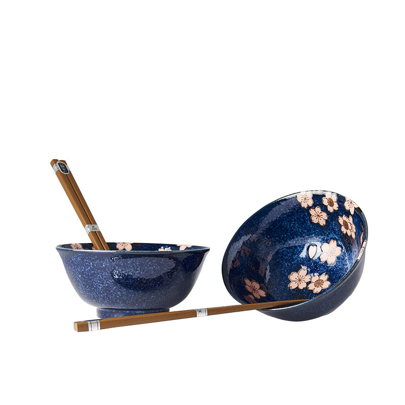 Bowl Set Pink Sakura Navy Blue 2 x 400 ml with Chopsticks