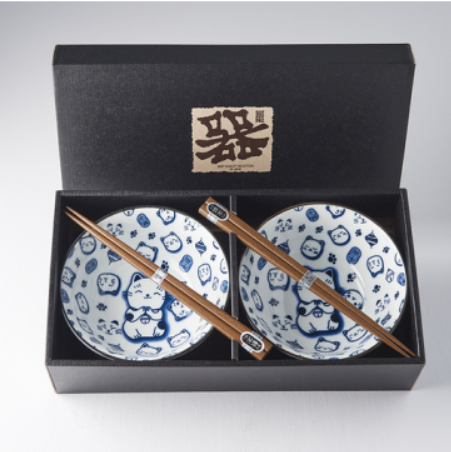 Bowl Set Maneki Cat Blue 2 x 400 ml with Chopsticks