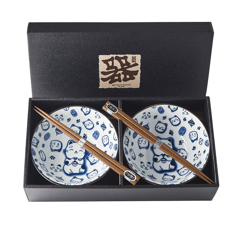 Bowl Set Maneki Cat Blue 2 x 400 ml with Chopsticks