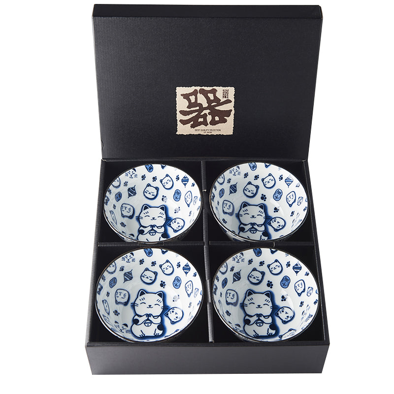 Bowl Set Maneki Cat Blue 4 x 350 ml