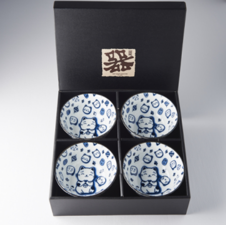 Bowl Set 4pcs Maneki Cat Blue Design - Made In Japan | Japanese Tableware