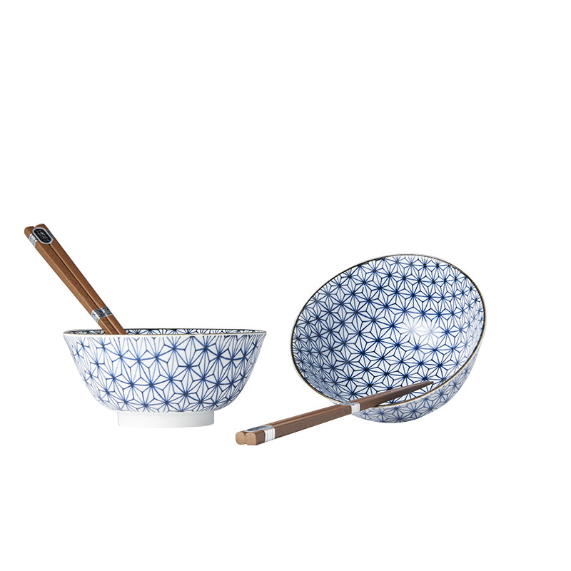 Bowl Set with Chopsticks, 2 pcs, 400 ml, Starburst Blue Design