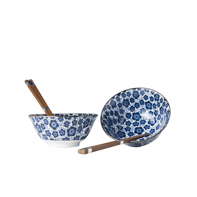 Bowl Set 2pcs with Chopsticks Blue Plum Design - Made In Japan | Japanese Tableware