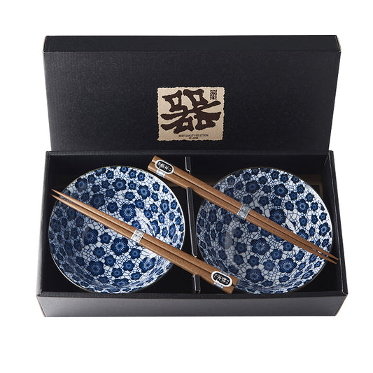 Bowl Set 2pcs with Chopsticks Blue Plum Design - Made In Japan | Japanese Tableware