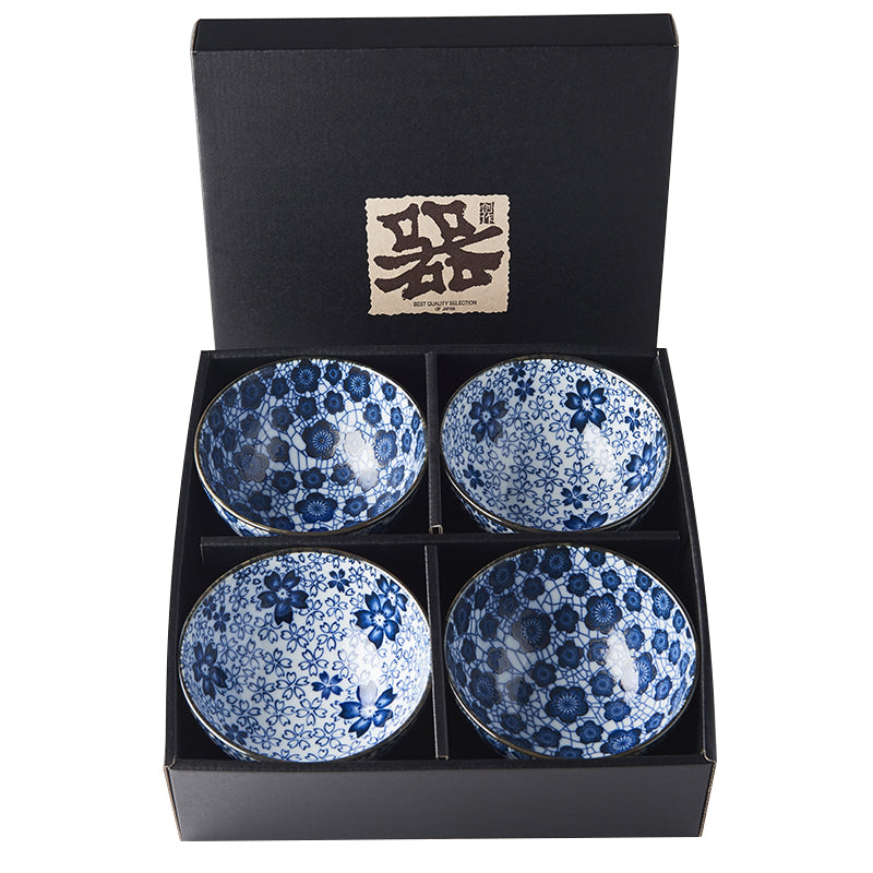 Bowl Set, 4pcs, 200 ml, Blue Plum & Cherry Blossom Design