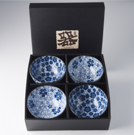 Bowl Set, 4pcs, 200 ml, Blue Plum & Cherry Blossom Design